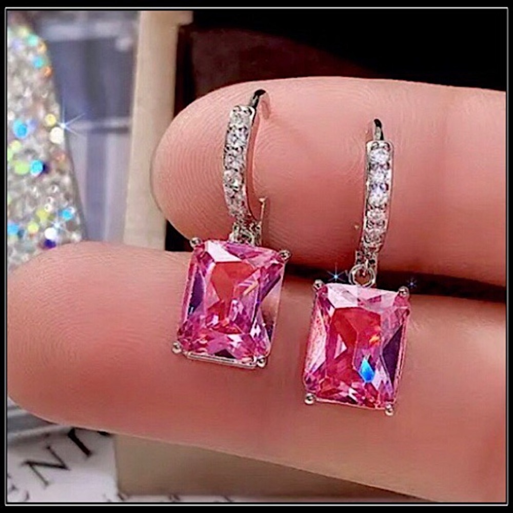 NEW WHITE GOLD BAGUETTE SQUARE PRINCESS PINK SAPPHIRE AMETHYST DIAMOND EARRINGS